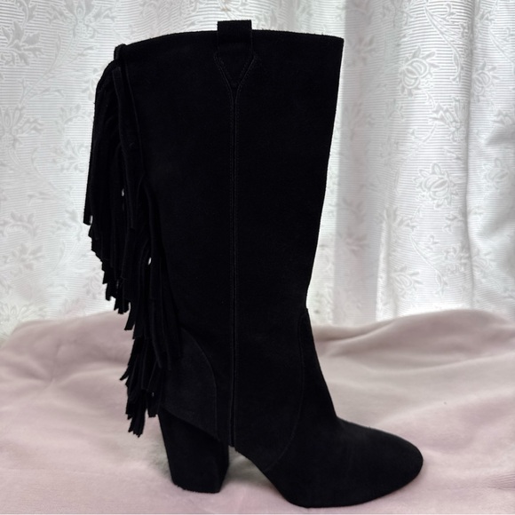 Nine West Jayden suede leather Heeled boots Size 7.5 Fringe Pull On Cowgirl Boho - Picture 2 of 14